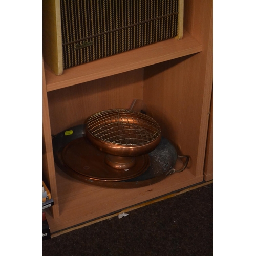 161 - Two copper trays, copper rose bowl and copper server. 