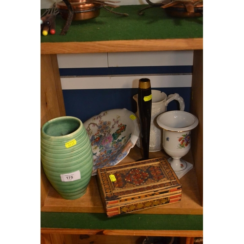 175 - German floral printed vase, stoneware commemorative jug & a Brannam green vase, Glass stem vase ... 