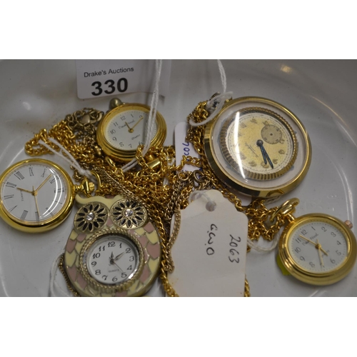 330 - Five fob watches on chains, all GWO, including quartz owl pendant, x2 quartz Pieur Nichol, another q... 