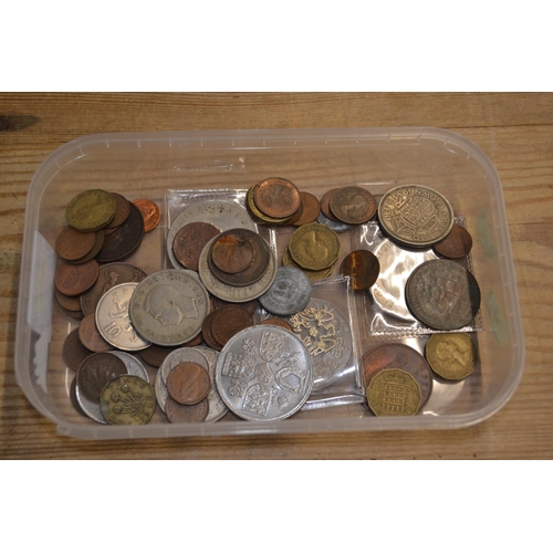 338 - Tub of mostly British coins inc. 4 crowns, 4 half crowns etc.