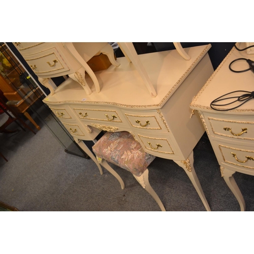 357 - Chalk and gilt painted dressing table with 5 drawers and stool. W107cm D48cm H81cm.