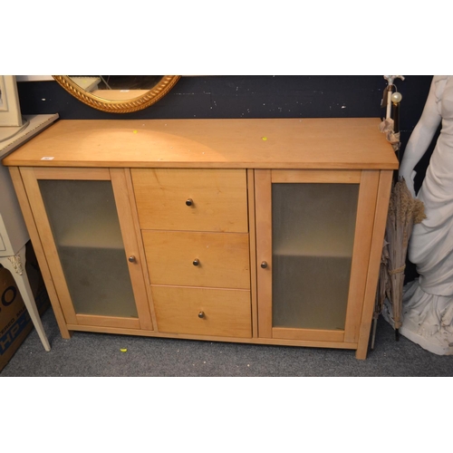 363 - Beech sideboard with two frosted glass doors W120cm D40cm H77cm