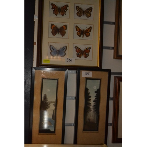 366 - Pair of small oriental framed picture and framed Wills butterfly cigarette cards