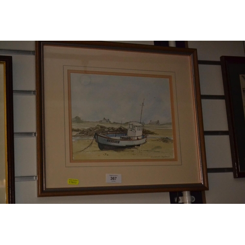 367 - Framed pen and watercolour by Elizabeth Chalers of a moored boat. W43cm H38cm. 