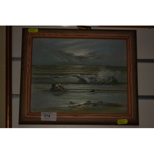 374 - Small Acrylic on canvas of a sea scape K.Hendrick W30.5cm x 25.5cm.