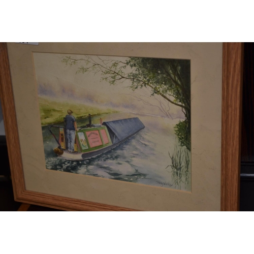 394 - Watercolour of a barge on the water, signed Polly Walker. 34 x 29cm