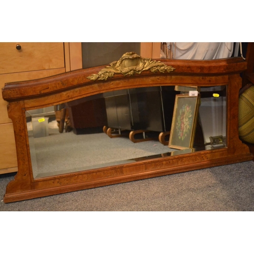 398 - Walnut mantle mirror with ormolu detail. W118cm H60cm