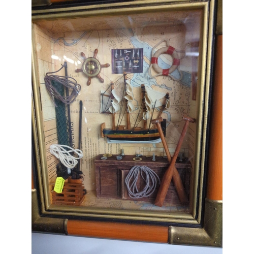 143 - 3 framed fishing montages one metal plaque and resin ornament.  