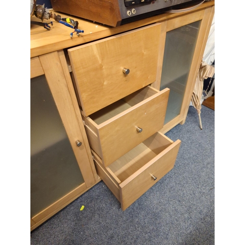 363 - Beech sideboard with two frosted glass doors W120cm D40cm H77cm