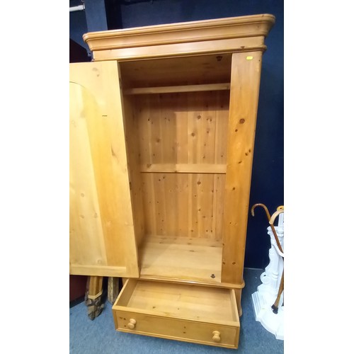 400 - Pine single wardrobe. Splits into 2 for transport. With lower drawer. D60cm W94cm H190cm