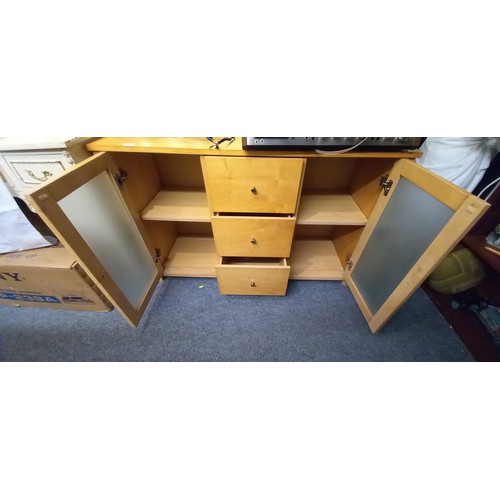 363 - Beech sideboard with two frosted glass doors W120cm D40cm H77cm