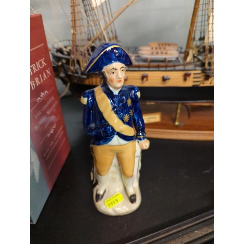 263 - Model of HMS Surprise, 1794 with ceramic captain and set of four Patrick O'Brian 'The Complete Aubre... 