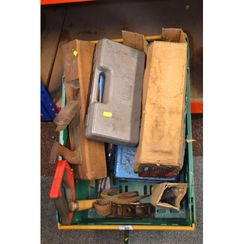 60 - Mixed box of tools inc. sander, block plane, spanners, Thule 755 roof mounts etc