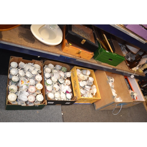 94 - 2 large wooden crates & 3 boxes of shaving mugs inc. Military interest