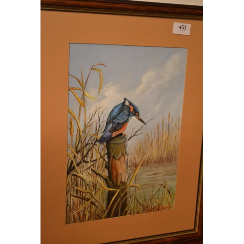 451 - Original painting of a kingfisher, signed Reynolds, 50cm x 40cm