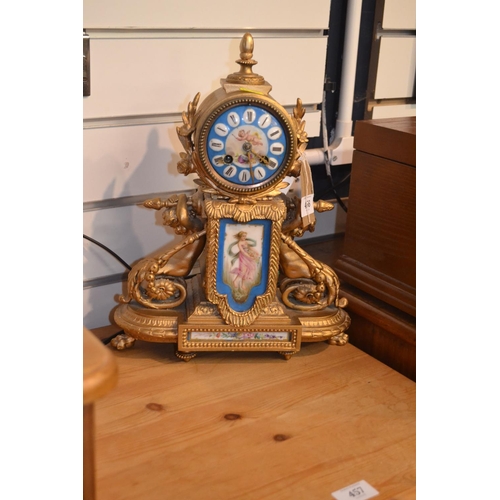 456 - Gilt mantle clock with painted enamelled panels. In working order, with pendulum & key. Workings... 