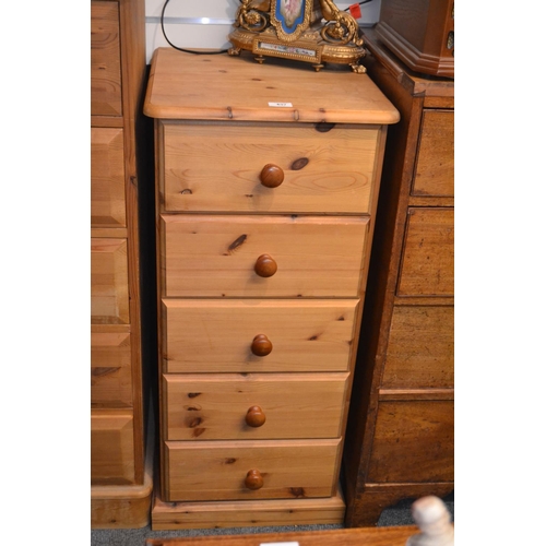 457 - 5 drawer tall pine chest of drawers. 41cm wide x 44cm deep x 96cm high