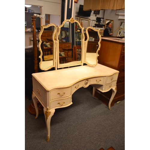 588 - French style chalk painted dressing table with gilt decoration and cabriole legs W129 D52 H153 cm