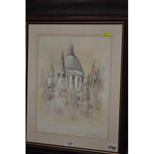 590 - Watercolour of St Pauls Cathedral by Jim Ruddle, 49 x 58cm