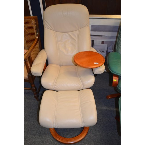 593 - Cream leather stressless recliner with foot stool and swing tray/table