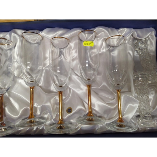 598 - 5 Boxed champagne flutes & 3 vases