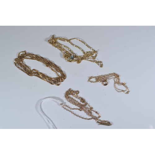 69 - Four 9ct gold neck chains & a gem set pendant, gross weight 6.11 grams