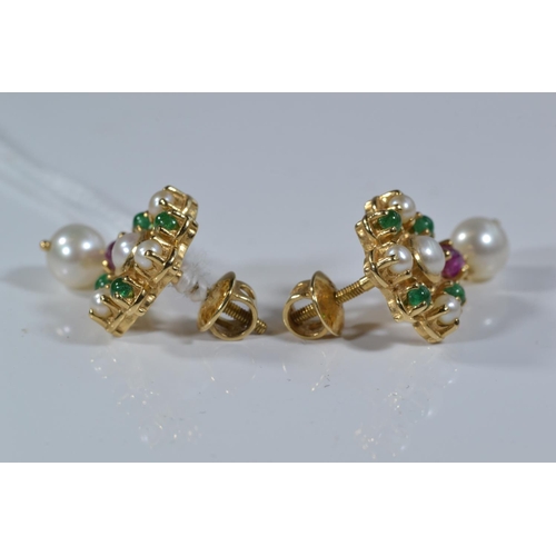 73 - 18ct gold, ruby, emerald & cultured pearl earrings, length 25mm, gross weight 9.11 grams