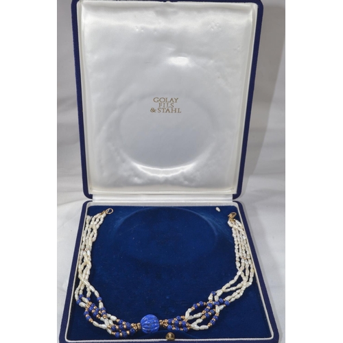 82 - 9ct gold, lapis lazuli & seed pearl necklace, circumference 420mm, one strand loose & requir... 