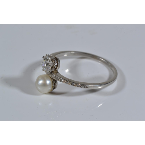 85 - Antique  diamond (.33ct) & pearl ring with channel set diamond shoulders on white metal which te... 