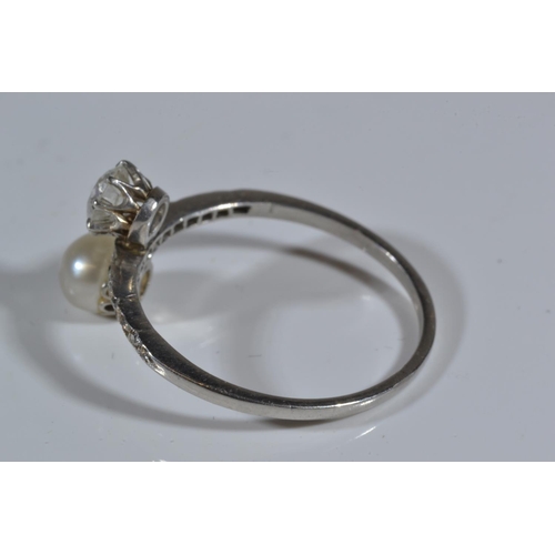 85 - Antique  diamond (.33ct) & pearl ring with channel set diamond shoulders on white metal which te... 