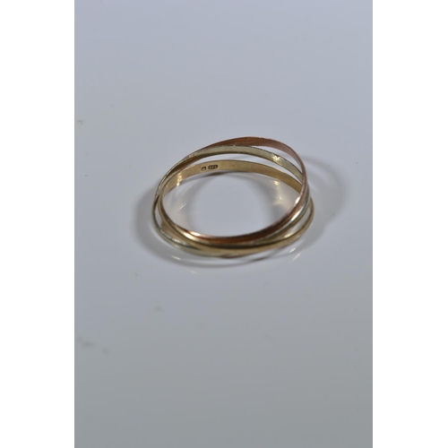 107 - 9ct gold tri-colour gold trinity ring & 9ct gold diamond set signet ring, marks rubbed, size M &... 