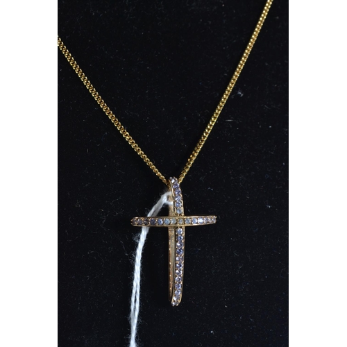 110 - 9ct gold & stone set cross pendant & chain, pendant length 33mm, chain circumference 510mm, ... 