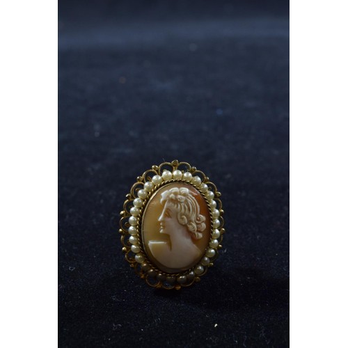 178 - 9ct gold & cameo brooch, steel pin, height 48mm, gross weight 12 grams, together with a gilt &am... 