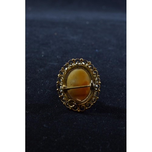 178 - 9ct gold & cameo brooch, steel pin, height 48mm, gross weight 12 grams, together with a gilt &am... 