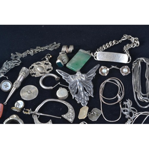 187 - Silver jewellery inc. ID bracelet, key, brooches, buttons, earrings, ring & scrap, gross weight ... 