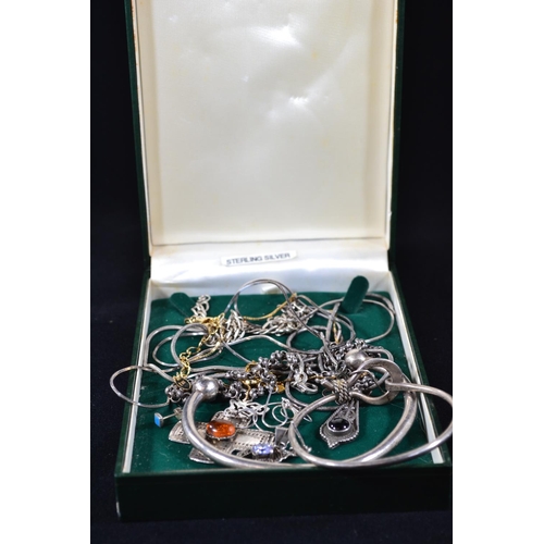 190 - Mixed silver jewellery, inc. two cuff bracelets, three neck chains, bracelet, pendant & misc ear... 