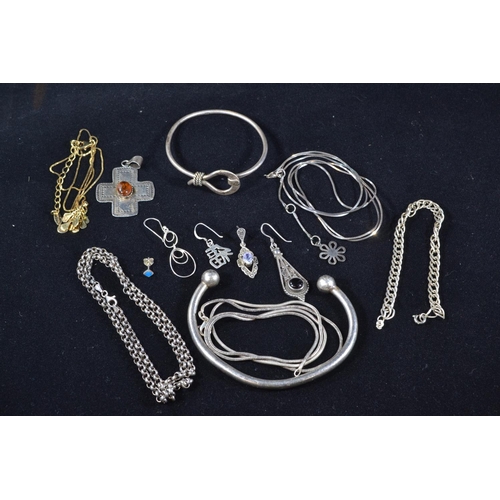 190 - Mixed silver jewellery, inc. two cuff bracelets, three neck chains, bracelet, pendant & misc ear... 