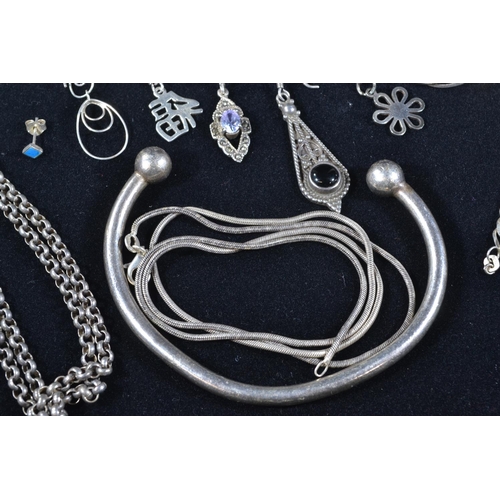 190 - Mixed silver jewellery, inc. two cuff bracelets, three neck chains, bracelet, pendant & misc ear... 