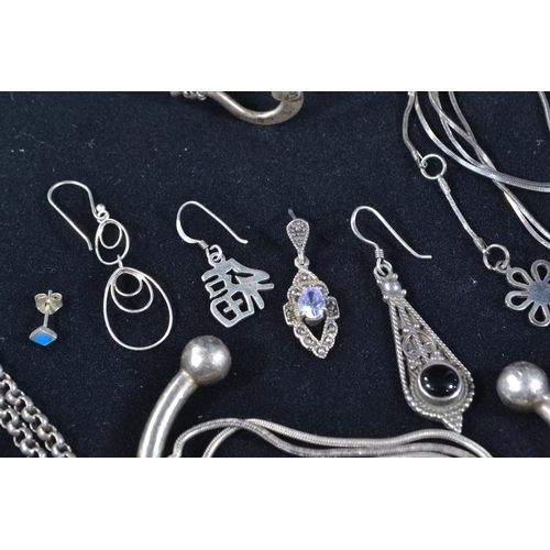 190 - Mixed silver jewellery, inc. two cuff bracelets, three neck chains, bracelet, pendant & misc ear... 