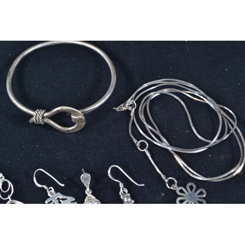 190 - Mixed silver jewellery, inc. two cuff bracelets, three neck chains, bracelet, pendant & misc ear... 