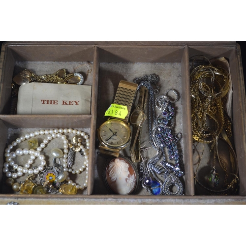 202 - Leather bound jewellery box containing rolled gold items, silver cameo, other silver & gilt cost... 