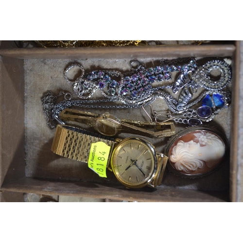 202 - Leather bound jewellery box containing rolled gold items, silver cameo, other silver & gilt cost... 