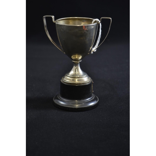 219 - Small silver twin-handled trophy cup, maker B&W LTD, Birmingham 1930, with trophy stand with pla... 