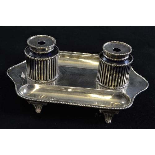 227 - Edwardian silver inkstand, maker DWJW, London 1908, with blue glass inkwell liners, 19cm wide, silve... 