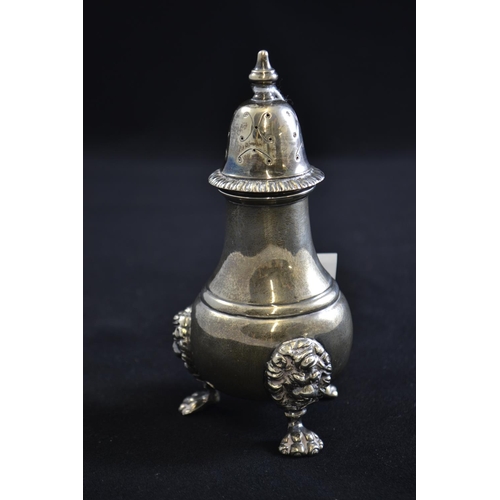 228 - Silver three piece large cruet set, maker PP LTD, Birmingham 1967, comprising pepperette, mustard, s... 