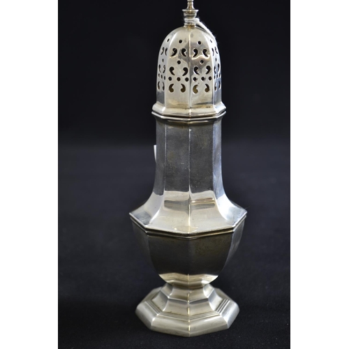 229 - Silver sugar caster, maker Walker & Hall, Sheffield 1930, height 18.5cm, 142.83 grams