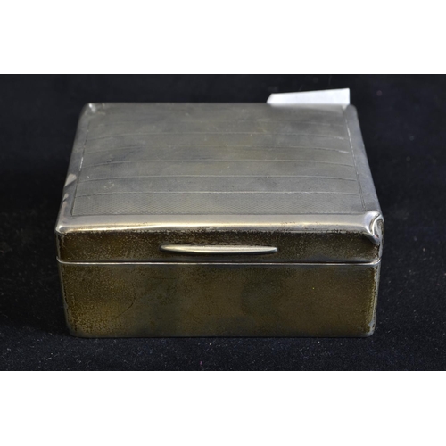 245 - Rectangular silver cigarette box, maker's mark rubbed, London 1926, wood lined, 11.5cm wide, gross w... 