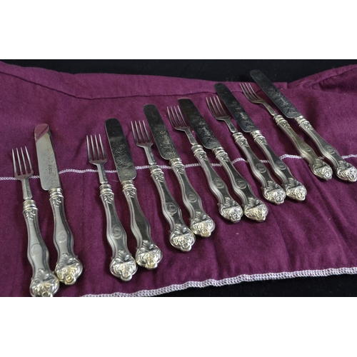 248 - Set of six Victorian silver fruit forks & knives, maker MH & Co, Sheffield 1860-61, loaded h... 