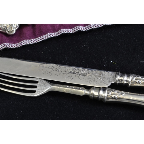 248 - Set of six Victorian silver fruit forks & knives, maker MH & Co, Sheffield 1860-61, loaded h... 