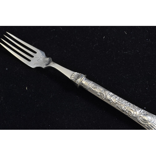 250 - Silver flatware items, various makers & marks, comprising condiment spoon, pickle fork, souvenir... 